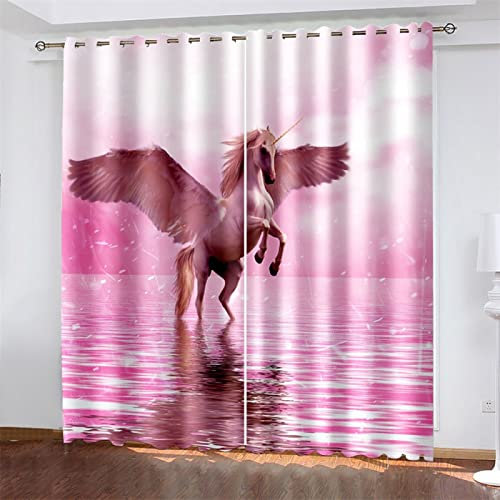 MTBDyyds Rosa Einhorn See 280X260Cm Verdunkelungsvorhänge 3D Drucken Verdunklungsvorhänge Kinderzimmer 2 Stück Vorhang Blickdicht Ösenschal Kindergardinen Junge Verdunklungsgardine