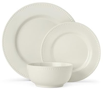Mikasa Cranborne 12-Piece Cream Stoneware Dining Set | Gift-Boxed Dinnerware Set for 4 with Dinner Plates, Side Plates & Cereal Bowls - Dishwasher and Microwave Safe