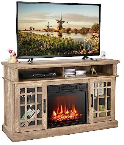 TANGZON Electric Fireplace Insert TV Stand, Freestanding Media Console Table Entertainment Center with 1800-2000W Fireplace Heater & Remote Control (Natural, 18 Fireplace,121x40x74cm for 55 TV)