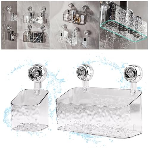 Shujin Étagère à Ventouse à Motif Glacier de Style Luxueux Léger,Panier d'étagère à Ventouse de Douche,Support Rangement à Ventouse pour Cuisine et Salle de Bain(Transparent,2PCS-S+L)