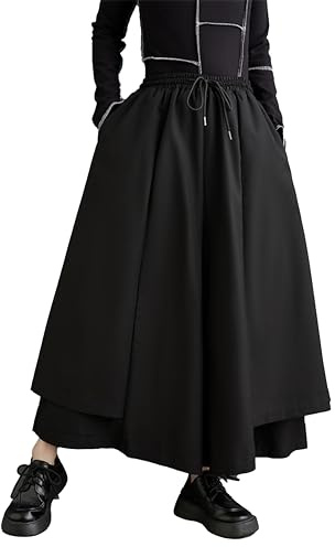 ellazhu Women's Oversized Irregular Drop Crotch Wide Leg Hakama Drawstring Harem Pants GZ163, Black, S-XL