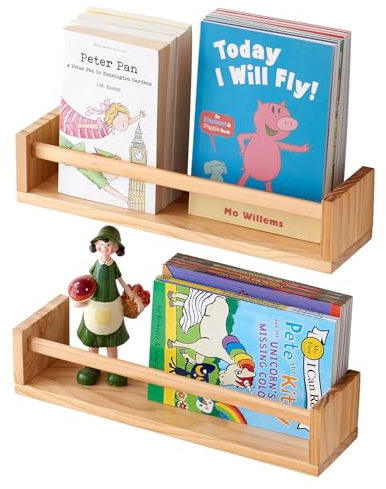 OAKERLAND Holz Wandregal Kinderzimmer 2 Stück, 40cm Bücherregal Holz Wandregal für Kinderzimmer, Schweberegal Wand Bilderleiste für Bücher Märchenbücher, Zeitschrift (40 cm)