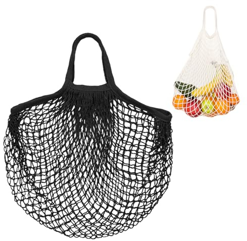 M METERXITY 1-Pack Cotton Mesh Bag, Reusable Washable Mesh Net String Grocery Bags, Reusable Produce Bags with Handle, Net Tote Bag for Fruits/Vegetables Shopping [Black, Short Handle]