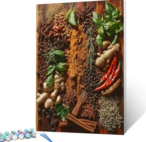 Malen Nach Zahlen Küche Malen Nach Zahlen Erwachsene Gewürze Bastelset Erwachsene Frauen, DIY GemäLde Set Erwachsene mit Pinsel und Acrylfarbe Als Deko Wohnzimmer, Geschenke für Männer 40x50cm H5-53