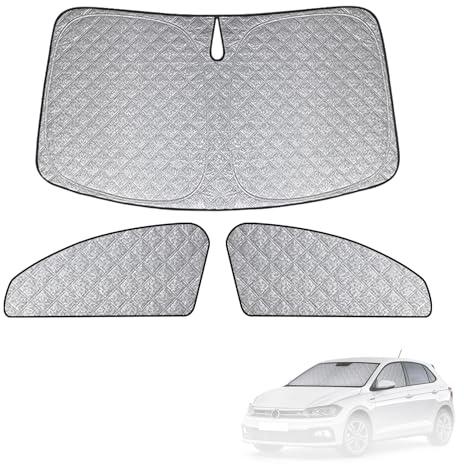 Sonnenschutz Kompatibel mit VW Polo MK6 2017-2025, 3 PCS Auto Frontscheibe Windschutzscheiben Schutz Set, Internes Thermomatte mit Aufbewahrungstasche, Faltbar Sonnenblende