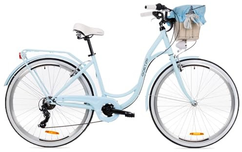 Goetze Mood Damen Citybike 28 Zoll | 18 Zoll Stahlrahmen | 7-Gang Kettenschaltung | V-Bremse | LED-Beleuchtung | Rattankorb | Gepäckträger | Komfortsattel | Tiefeinsteiger