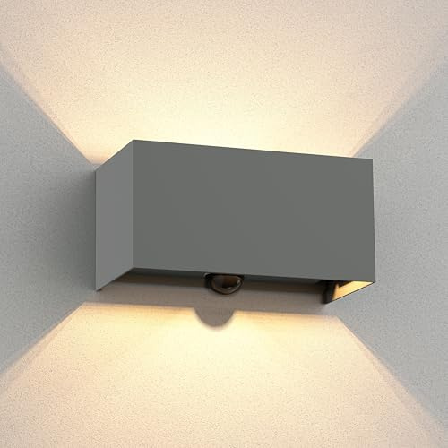 ledscom.de Wandleuchte CUBEL, Dämmerungssensor, Bewegungmelder für außen, IP65, Up-/Downlight, grau matt, rechteckig, 2x G9 max. 10W