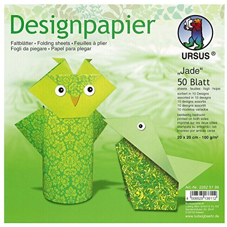 Ursus 22825199 Designpapier Jade, 50 Blatt in 10 verschiedenen Motiven, ca. 20 x 20 cm, 100 g/qm, beidseitig bedruckt, ideal zum Falten von kreativen Origami Tieren