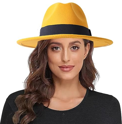 Lanzom Damen wide brim warme wolle-fedora-hut retro style gürtel panamahut einheitsgröße gelb