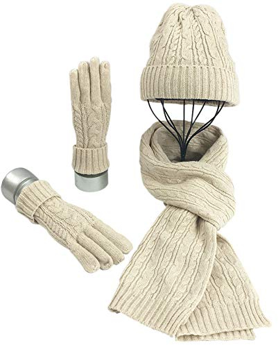 Warmiehomy Mütze Schal Handschuh Set Damen für Winter, Schal und Mütze Warmes Set Damen, 3 in 1 Winter Strickmütze Set für Skifahren Aufflug Camping Reissen Beige