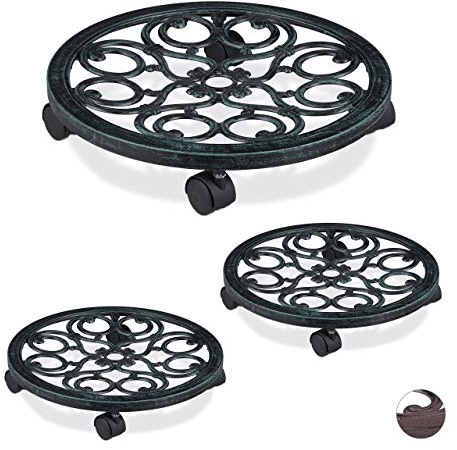 Relaxdays 3 x Pflanzenroller rund, Metall, Gefäßroller für innen & außen, antik, Ø 38 cm, Rolluntersetzer Blumentopf, grün
