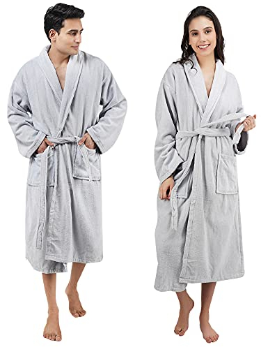 SweetNeedle Men Bathrobe 100% Cotton Terry Towel Dressing Gown Super Soft Luxury Highly Absorbent Toweling Robes with Pockets Best Gifts for Men – Light Grey