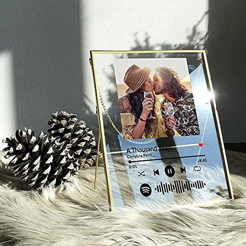 VEELU Personalisierter Spotify Bilderrahmen Glasbilder Musik Code Platte Gold Songrahmen Cover Vintage Dekoartikel Foto Geschenk mit Halter für Freund Frau Musikfans Geburtstag Hochzeit Weihnachten