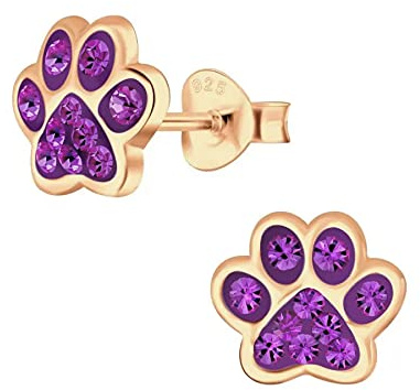 Sterling Silver Paw Print Earrings with Crystal Purple Stones - Rose Gold Plated