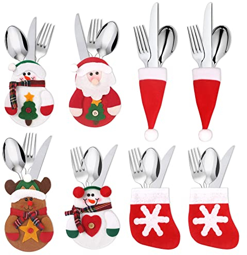 Christmas Cutlery Holders, 8Pcs Xmas Silverware Holders, Knives Forks Tableware Bags, Lovely Christmas Dinner Table Decorations, Silverware Pockets for Christmas Dinner Table Decorations