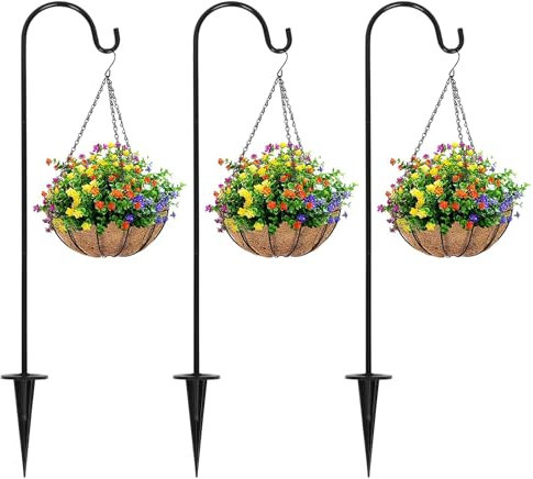 NUOBESTY Metal Garden Stake Hooks, Iron Shepherds Hook Courtyard Hanging Hooks Ground Plug Lantern Hook Retro Plant Stand for Lawn Yard Garden Supplies 3pcs
