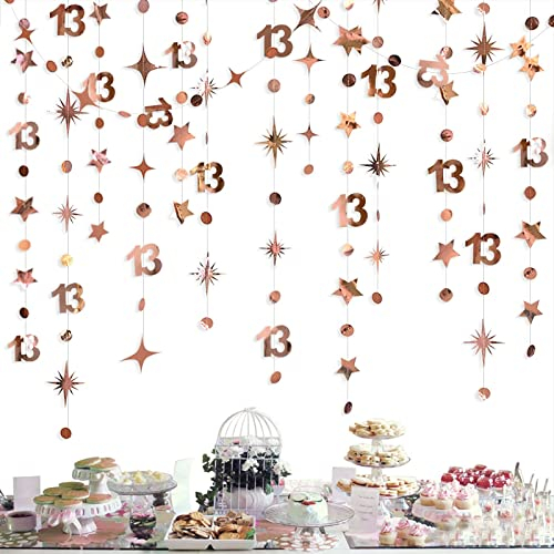 Rose Gold 13th Birthday Decorations Nummer 13 Kreis Dot Twinkle Star Girlande Metallic Hanging Streamer Hintergrund für Mädchen 13 Jahre alt Geburtstag dreizehn Offizielle Teenager Party Supplies