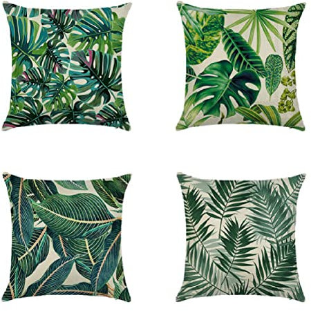 4er Set Dekorativ Kissenbezug Kissenhülle Grüne Blätter Leinen Atmungsaktiv Kissenhülle Auto Sofa Dekokissen Sofakissen Bezug Auto Home Bed Büro Cafe Garten Dekor kissenbezüge 29x29inch/75x75cm