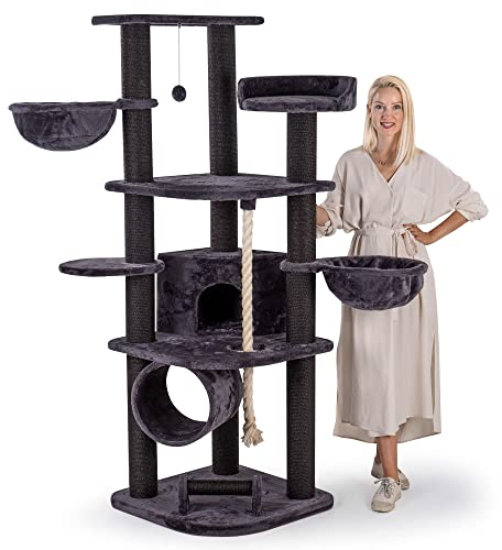 HAPPYPET Kratzbaum für Katzen groß 181 cm hoch - Stabiler Kletterbaum Katzenbaum, Dicke Stämme mit 11 cm, Haus & Spieltunnel, große Liegemulden, Spietau mit Kratzrolle, Anthrazit