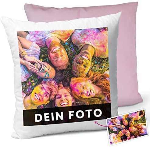 Manevito Personalisiertes Kissen mit Foto & Text 40 x 40cm - Kissen mit Foto selbst gestalten - Fotokissen mit Druck und Wunschtext weiß-rosa