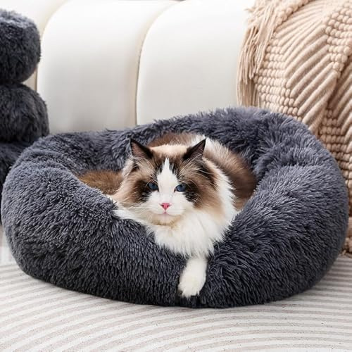 Fhodigogo Katzenbett, kleines Hundebett, Haustierbett, rundes Bett, Katze, Donut-Bett, Kätzchenbett, warmes Kätzchenbett, Nest mit rutschfester Unterseite, Hand für Katzen, runde Plüschbetten (M/43 x