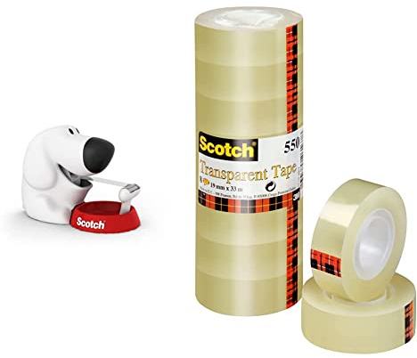 Scotch, Dévidoir Scotch, Petit Dévidoir de Ruban Adhésif en Forme de Chien, Taille 19 mm x 33 mm, Blanc avec Base Rouge & Ruban Adhésif Transparent 550-8 Rouleaux - 19mm x 33m