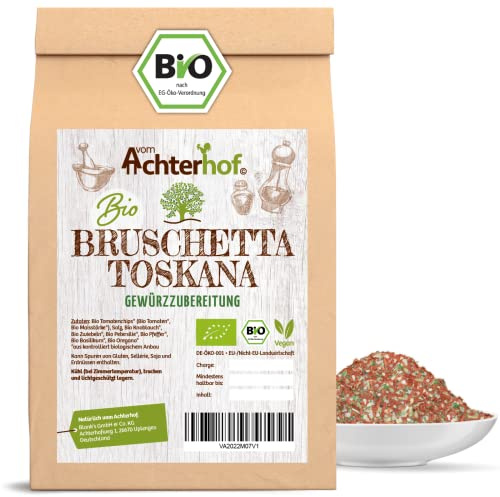 Bruschetta Toskana Gewürzzubereitung Bio 100g | Gewürzmischung aus Tomatenchips, Salz, Knoblauch, Zwiebeln, Petersilie, Pfeffer, Basilikum, Oregano | ideal für toskanische Bruschetta | vom Achterhof