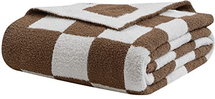 bearberry Fuzzy Checkerboard Grid Throw Blanket Soft Cozy Warm Microfiber All Season Blanket Decor for Couch Sofa Bed Travel Home (Mocha, 50''x60'')