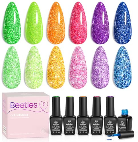 Beetles Reflective Glitter Gel Polish Set 6 Colours Neon Summer Orange Hot Pink Purple Gel Nail Polish Soak Off UV Nail Art Manicure Gifts for Women Girls