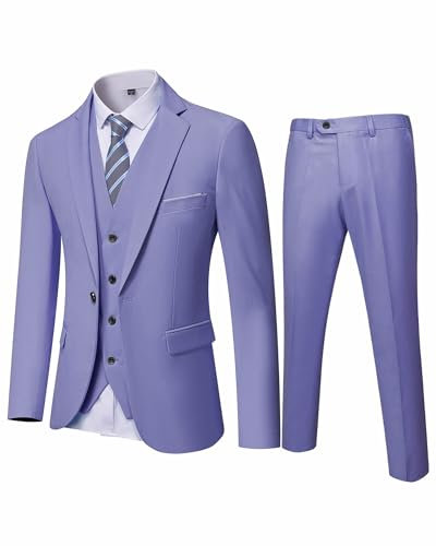 YND 3-teiliger Anzug mit körperbetontem Slim-Fit-Design und 1-Knopf-Jacke, Set mit Weste, Hose und Krawatte, Violett, 3XL