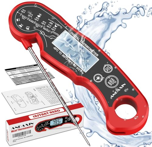Meat Thermometer Digital for Grilling and Cooking - ANDAXIN Waterproof Ultra-Fast Instant Read Food thermometers with Backlight & Calibration for Kitchen, Deep Fry, BBQ, Grill(Red/Black), LCD