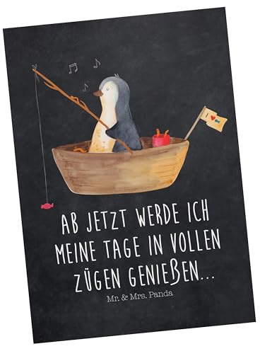 Mr. & Mrs. Panda Postkarte Pinguin Angelboot - Geschenk, Angeln, Boot, Ansichtskarte, Ansichtskarten, Pinguine, einzelkarte, Optimistisch, Grußkarte, Postkarten, Scheidung