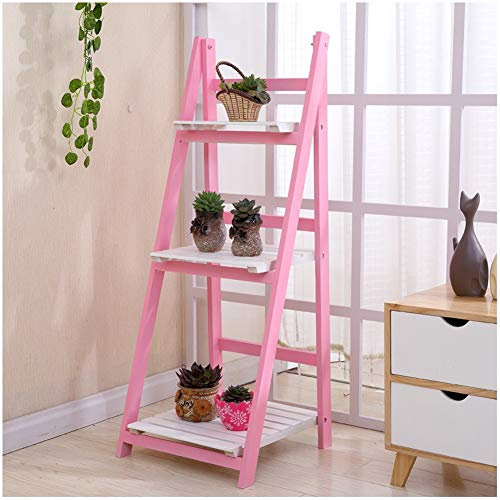 Foldable Flower Stand, 3 Tier Plant Shelf, Indoor Wooden Flower Stairs Ladder Shelf (Pink)