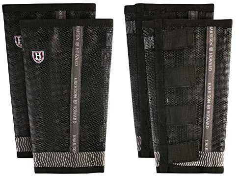 Harrison Howard Locker sitzende Fliegengamaschen für Pferde, UV-Schutz, atmungsaktive Feinmaschige Leggins Stay-on Bequeme Fliegenstiefel mit Reflexstreifen für zusätzliche Sicherheit (4er-Set) Black