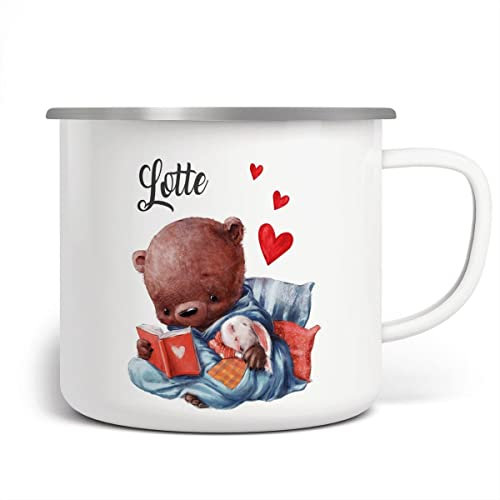 Mikalino Emaille Tasse Niedlicher Bär mit schlafendem Hasen im Arm und mit Wunschname personalisierte Kindertasse mit Namen bedruckt Becher Emailletasse Geschenk, Farbe:weisssilber, Grösse:300ml