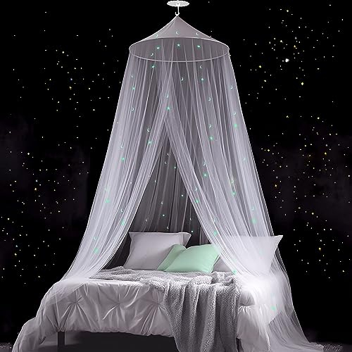 Modacraft Sterne Mond Leuchtende Moskitonetz für Doppelbett Einzelbett Babybett Kinderzimmer mit Klebehaken Schrauben, Feinmaschiges Betthimmel Mückennetz für Zuhause und Reisen Indoor Outdoor