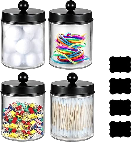 4Pcs Cotton Buds Holder, Bathroom Storage Jars With Lids Cotton Bud Holder, Cotton Pad Holder Glass Cotton Swab Holder, Bathroom Jars Storage Containers For Cotton Ball, Floss, Hair Band (Black)