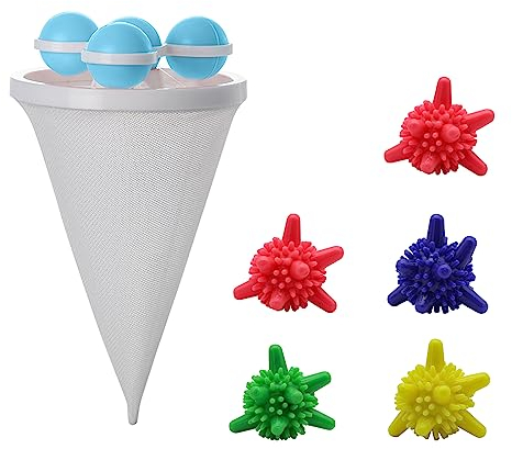 FuninCrea Washing Machine Filter Bag Cleaning Mesh Bag, Plastic Anti-Winding Pet Hair Remover with 4 Rotatable Hollow Balls, Reusable Washing Machine Hair Lint Catcher for Household Washing (blue)