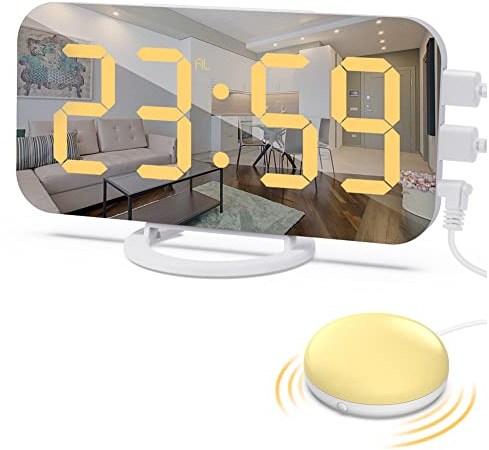 Peukerty Chargeur USB avec lumière LED réglable Snooze Alarme pour les personnes dormant lourd adultes avec shaker de lit