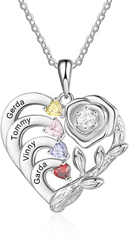Glooraca Benutzerdefinierte simulierten Geburtsstein Halskette für Frauen mit 1-4 Namen personalisierte Herz Anhänger Halsketten für Mama Frau Oma (4 Names)