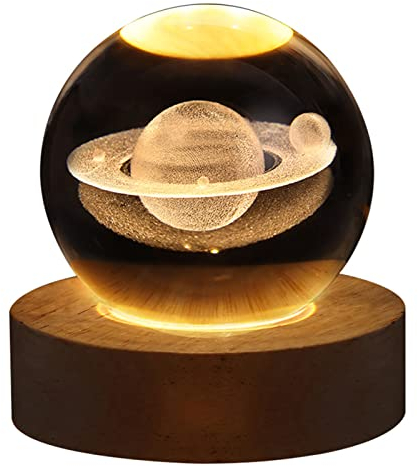 Luz Nocturna Bola de, 6cm Lámpara de Bola de Saturno con Base de Luz LED de Madera, Luces LED de Ambiente para Dormitorio Decoración del Hogar, Regalo para Niños Adultos
