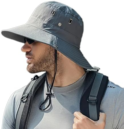 INOGIH Strand-Sonnenhut für Herren, LSF 50+, breiter Rand, Sonnenschutz, Netzstoff, Fischerhut, Outdoor, faltbare Tasche, Safari-Hut, Boonie-Mütze, dunkelgrau, M