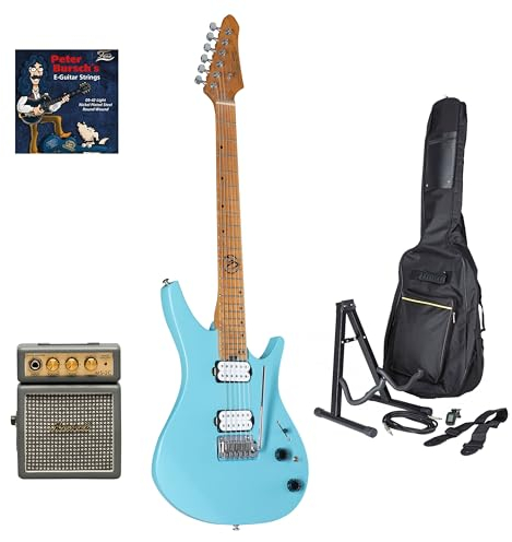 J & D DX-100 E-Gitarren Anfänger Set, Powder Blue, Roasted Maple Hals, Custom Humbucker Tonabnehmer, 2-Punkt Tremolo Brücke, Inkl. Zubehör Pack & E-Gitarrensaiten