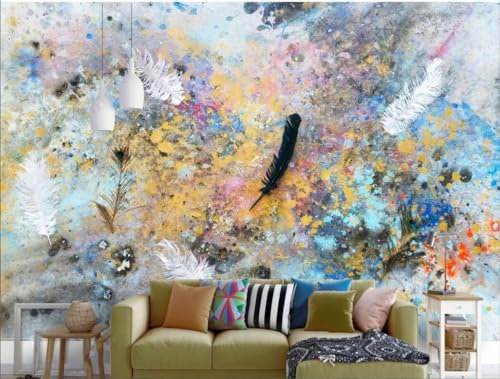 LSumCuyoo Retro Grey Floral Striped Geometric Kids Wood 3D Effect Hand-Painted Retro Colourful Feather Background Wall Boys Girls Black and White Removable Living Room Photo Wallpaper