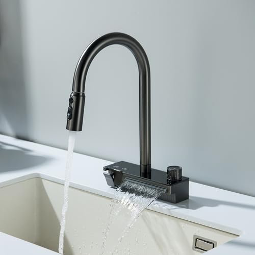 Robinet de Cuisine Cascade avec Douchette Extensible, Mitigeur Cuisine Cascade Unique avec Touches Piano et Bouton Rotatif, 4 Modes Robinet d'Évier de Cuisine Pivotant à 360° (Gris Pistolet)