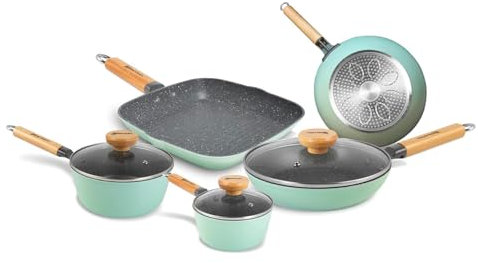 Avilia Set di Pentole Antiaderenti - Batteria di 8 Pezzi Padelle con Manici in Legno di Faggio, per Piani Cottura a Gas, Induzione ed Elettrici, Riciclabili