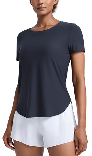 CRZ YOGA Cloudweight Crewneck T-Shirt | Workout, Light and Soft, Classic Fit, Hip Length, Side Slit, Curved Hem, Short Sleeve Tops for Women