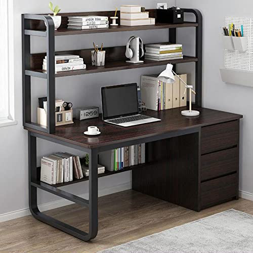 LAMEDOAT Computertisch mit Schrank und Bücherregal, Home-Office-Schreibtisch mit 3 Schubladen, industrieller Arbeitstisch für Zuhause und Büro (47 Zoll, schwarzes Walnussholz)