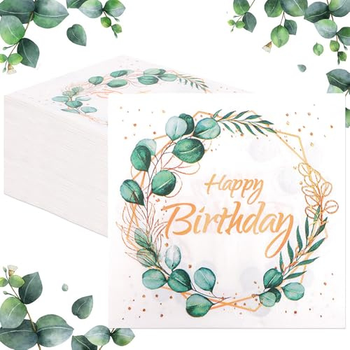 80 Stück Servietten Geburtstag - Servietten Eukalyptus Grün, Happy Birthday Servietten, Servietten Hochzeit für Party Geburtstagsdeko, Tisch Servietten Tischdeko