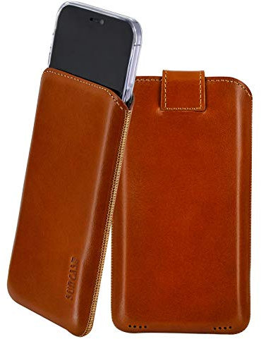 Suncase Leder Tasche kompatibel mit iPhone 16 (6,1 Zoll) Hülle mit ZUSÄTZLICHER Transparent Case | Schale | Silikon Bumper Handytasche (mit Rückzugsfunktion und Magnetverschluss) in Cognac
